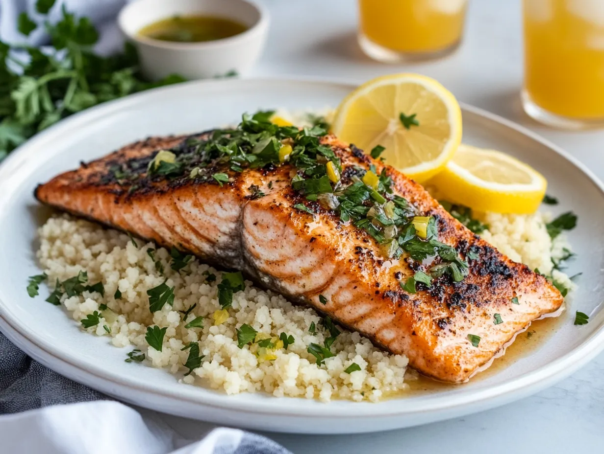 Chermoula Grilled Salmon That Feels Like a Win 9 Chermoula Grilled Salmon served with couscous and herbs, presented with a glass of white wine on an elegant dinner table