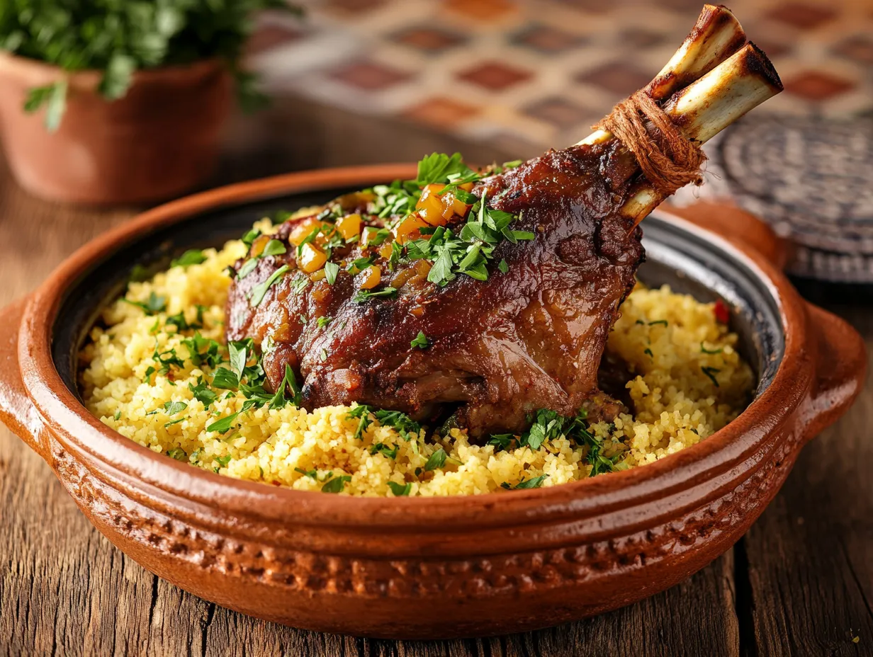 Moroccan Saffron Lamb Shanks Recipe: Irresistibly Tender 2 Slow-cooked Moroccan saffron lamb shank in a tagine, served with couscous and herbs on a rustic wooden table.