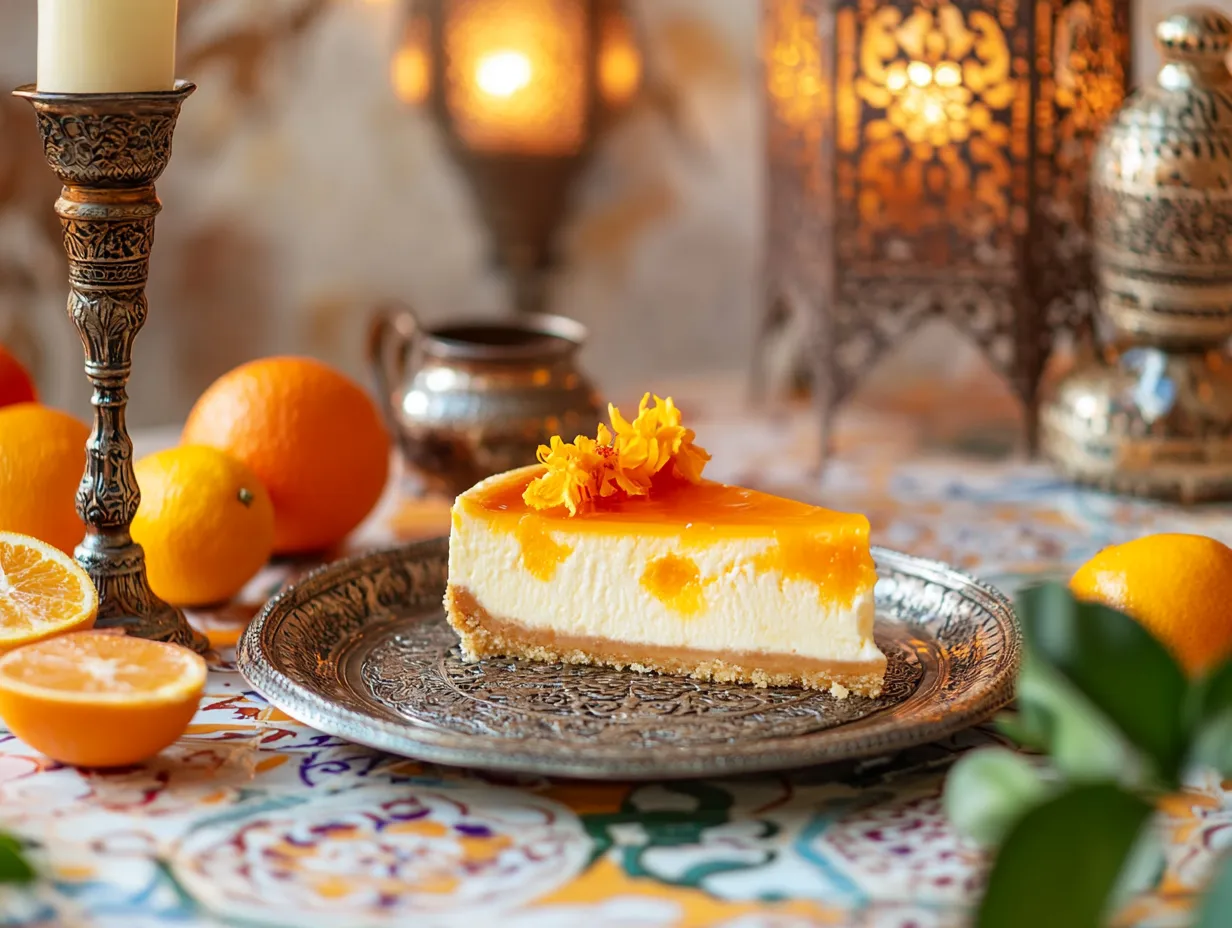Moroccan Orange Blossom Cheesecake Recipe: So Heavenly 2 A slice of Moroccan orange blossom cheesecake on a silver plate, surrounded by tea glasses and citrus, set on a tile table in a Moroccan-inspired setting.