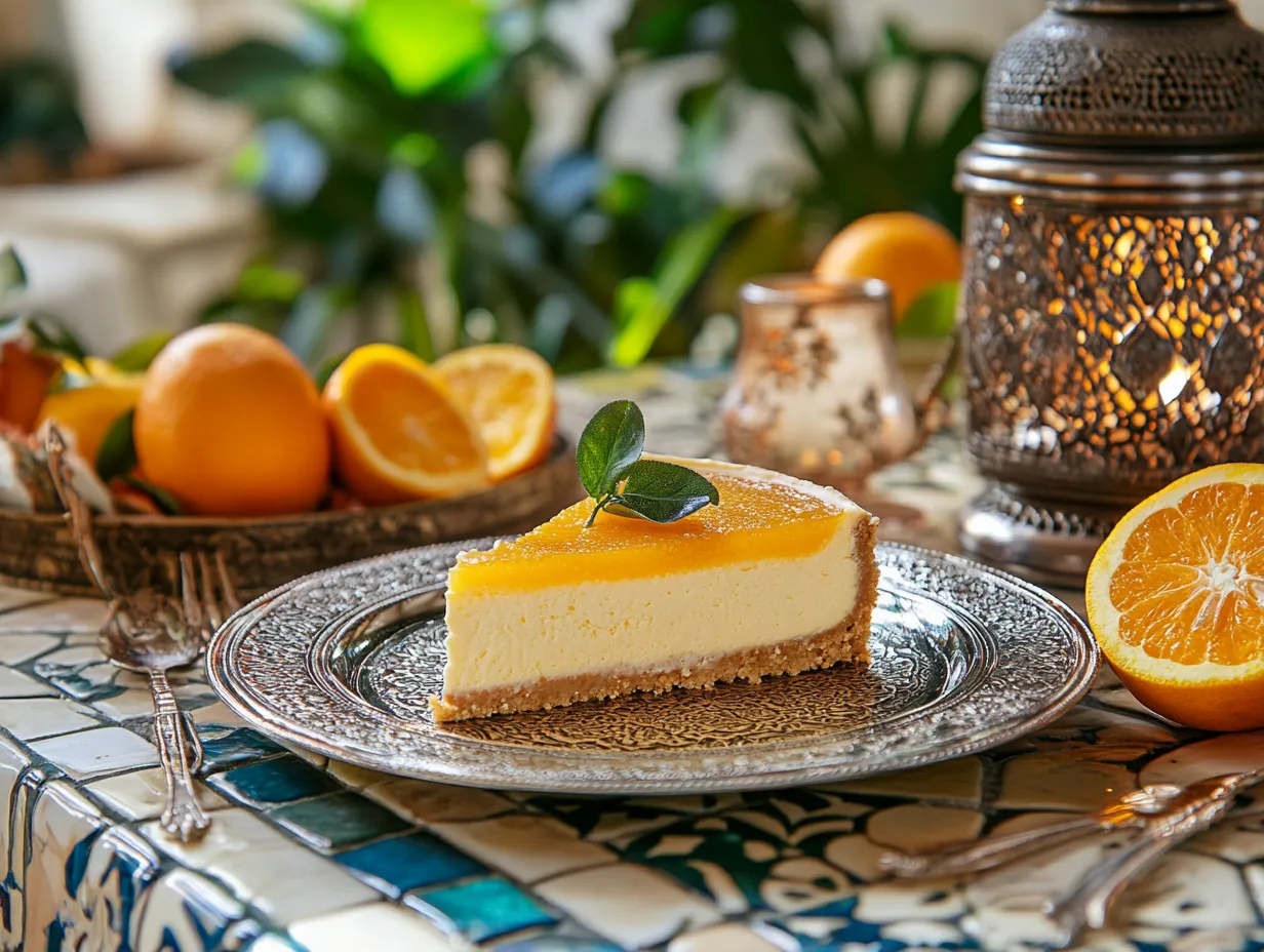 Moroccan Orange Blossom Cheesecake Recipe: So Heavenly 6 Perfectly decorated Moroccan orange blossom cheesecake with floral garnishes and pistachios, styled on a Moroccan tray with traditional teaware
