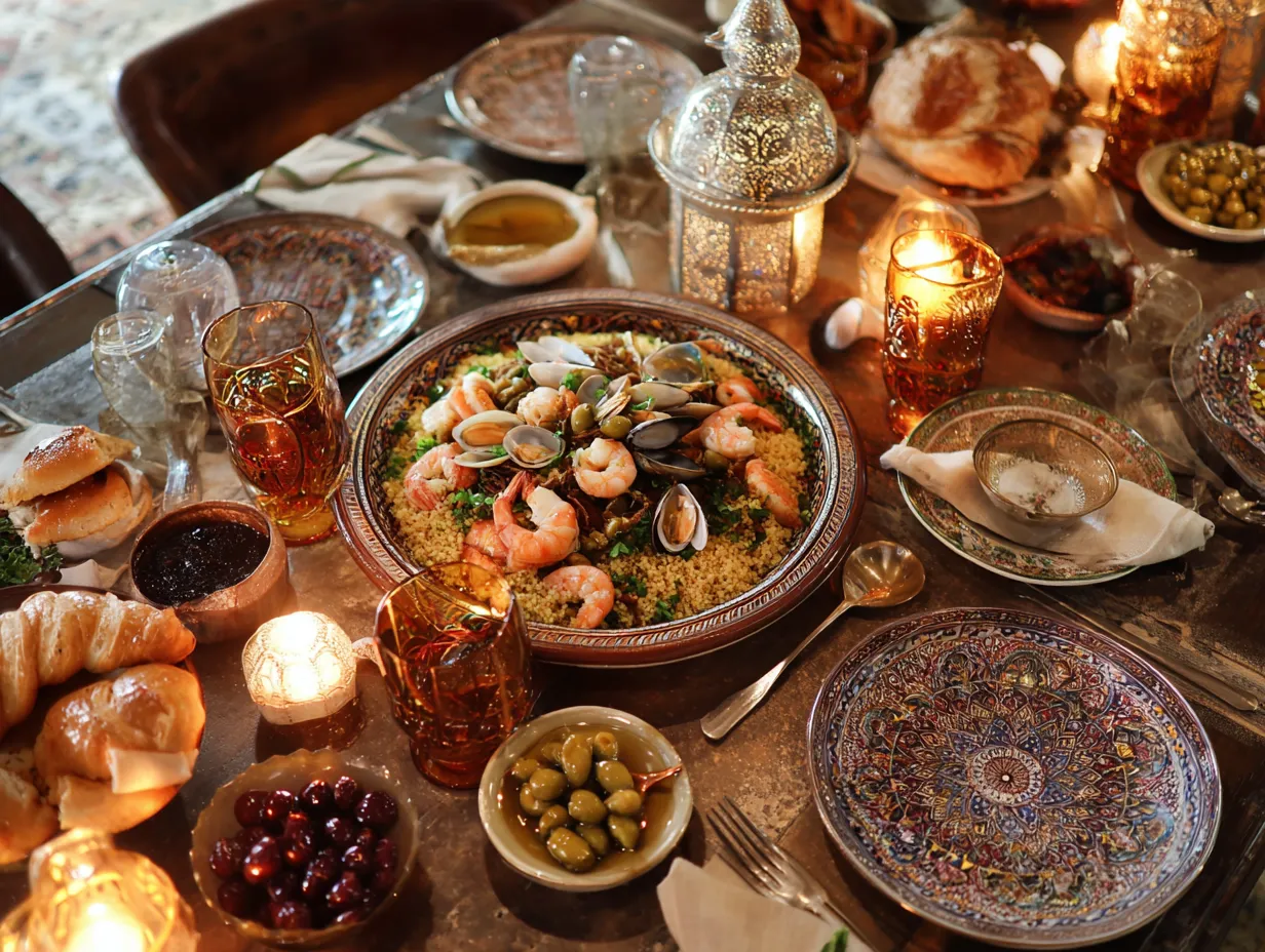 Moroccan Seafood Couscous with Chermoula: A Joyful Feast 8 Moroccan seafood couscous served on a large platter with side dishes and mint tea, set on an elegant table with a “moroccaneats” watermark.