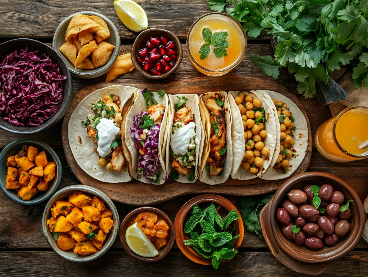 Overhead shot of a Moroccan-inspired dinner with tacos, Chermoula slaw, couscous salad, mint tea, citrus spritzers, and assorted sides on a rustic wooden table
