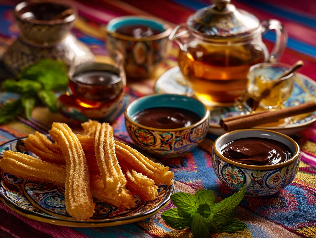 Moroccan Cinnamon Churros That Taste Like Magic 5 Moroccan cinnamon churros served with dipping sauces and mint tea on a festive ceramic platter.