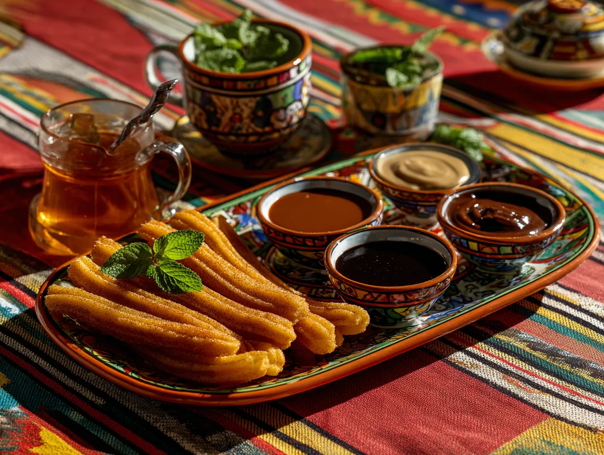 Moroccan Cinnamon Churros That Taste Like Magic 2 Fresh Moroccan cinnamon churros being fried and served at a vibrant street food stall in a Moroccan medina.
