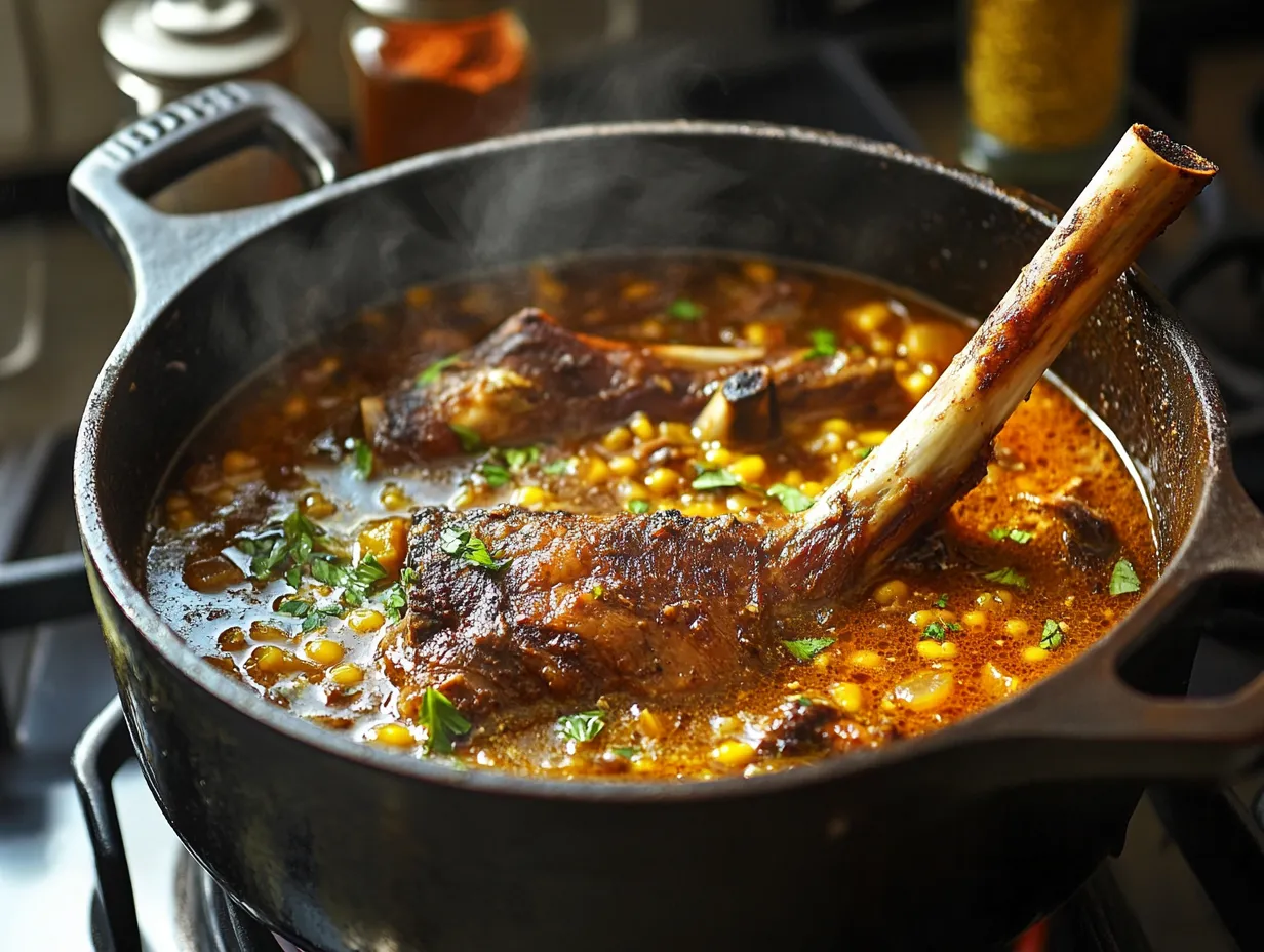 Moroccan Saffron Lamb Shanks Recipe: Irresistibly Tender 5 Braised Moroccan saffron lamb shanks simmering in a Dutch oven with rich broth and spices.