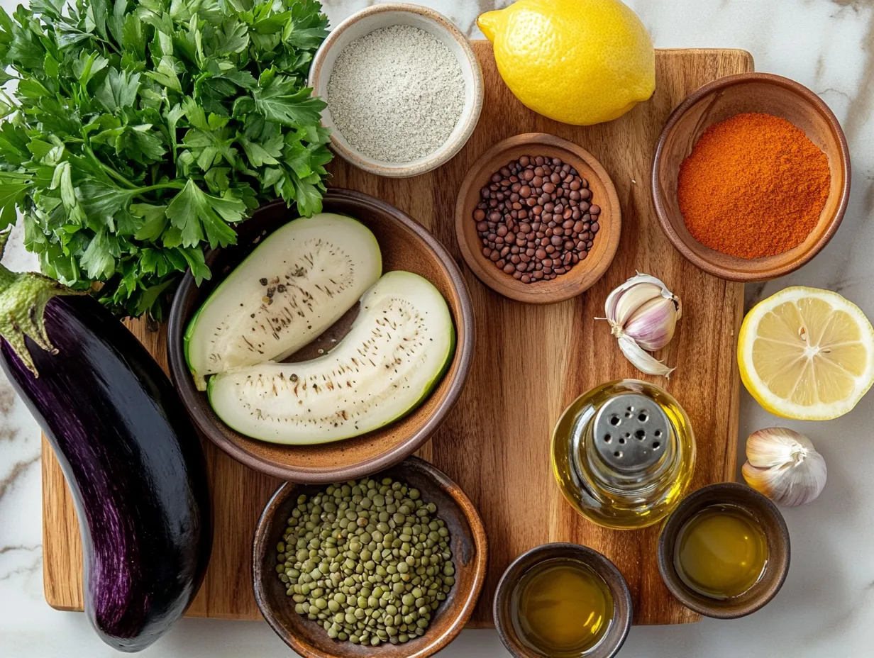 Moroccan Eggplant and Lentil Salad Recipe Delight 3 Fresh ingredients for Moroccan eggplant and lentil salad including eggplant, lentils, spices, lemon, and herbs arranged on a wooden countertop