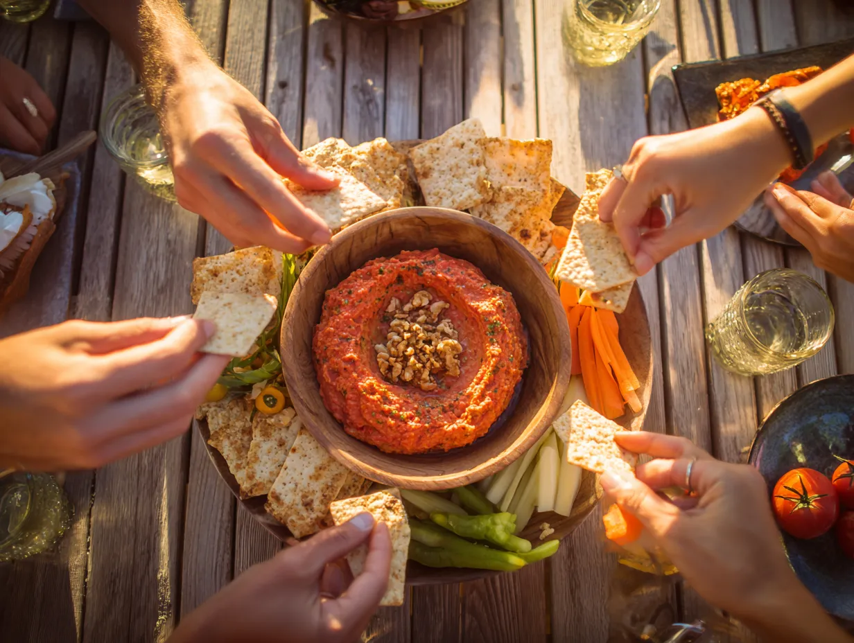 Bold & Flavorful Moroccan Red Pepper And Walnut Dip Delight 6 Group enjoying Moroccan red pepper and walnut dip at a casual outdoor gathering.
