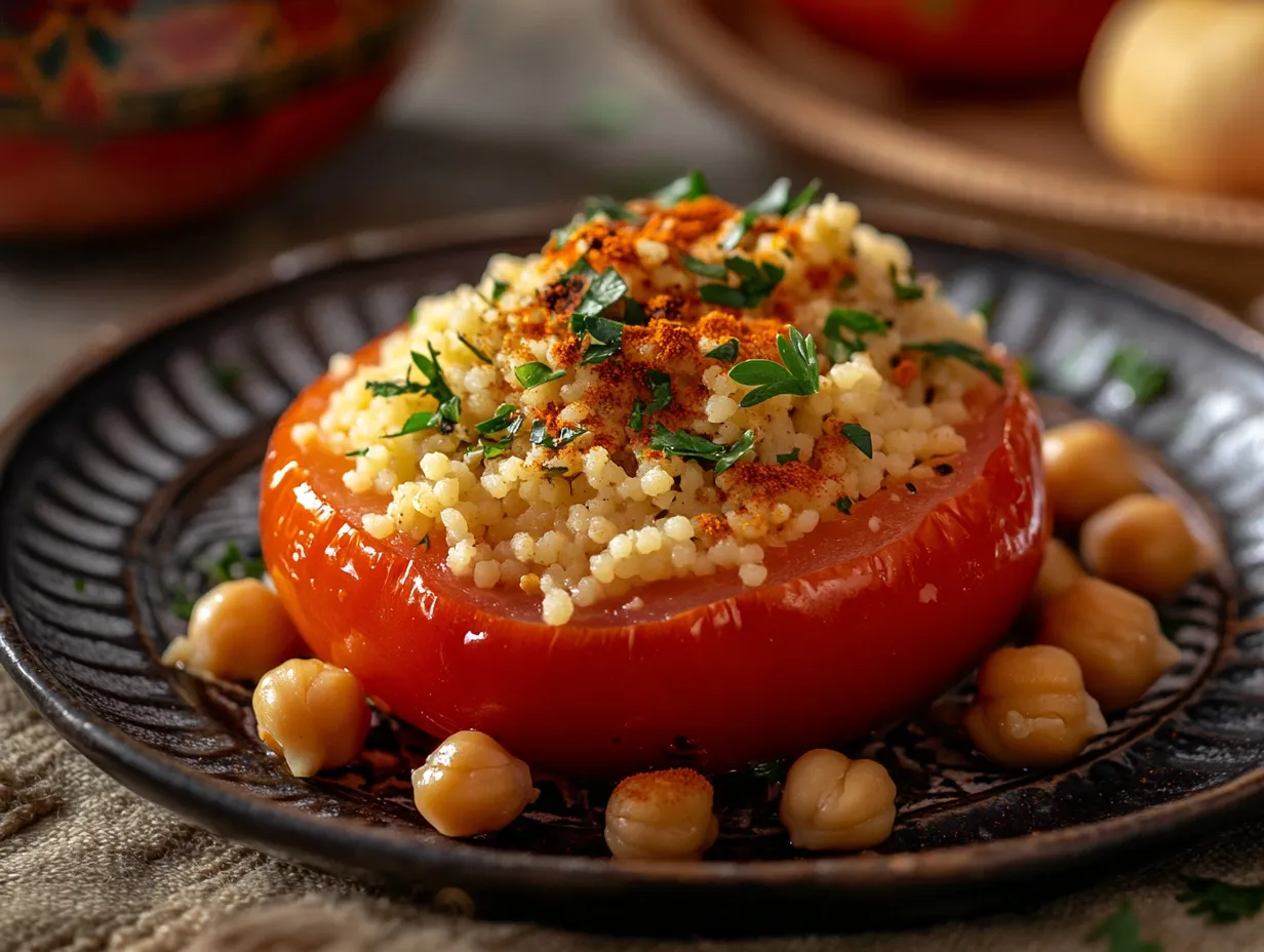 Moroccan Stuffed Tomatoes with Irresistible Couscous 3 Close-up of couscous-stuffed Moroccan tomatoes with herbs and spices, served on a traditional ceramic plate.