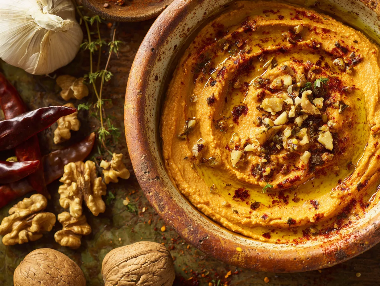 Bold & Flavorful Moroccan Red Pepper And Walnut Dip Delight 3 Bowl of Moroccan red pepper and walnut spread topped with crushed walnuts and olive oil, surrounded by fresh ingredients.