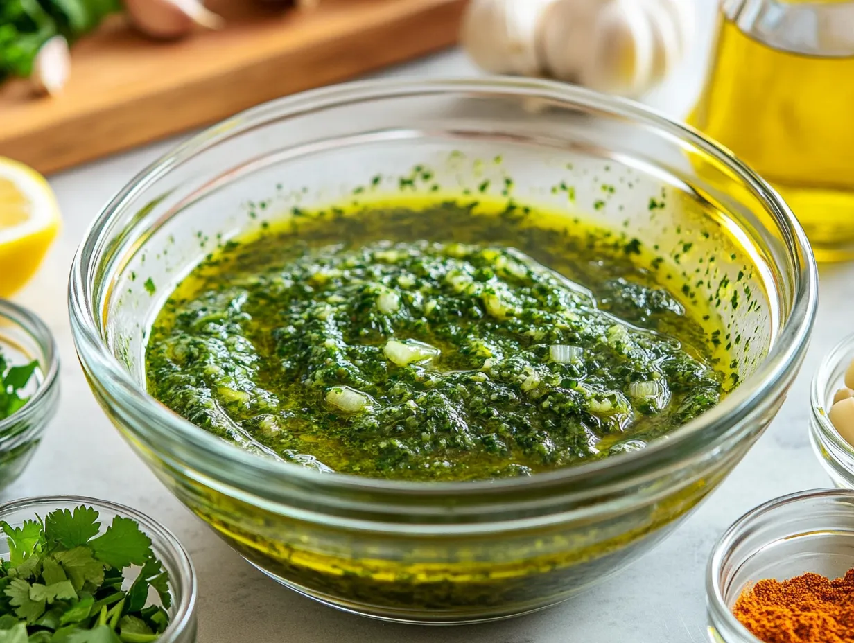 Chermoula Grilled Salmon That Feels Like a Win 4 Fresh Moroccan chermoula marinade in a bowl with herbs, spices, and lemon arranged on a kitchen counter