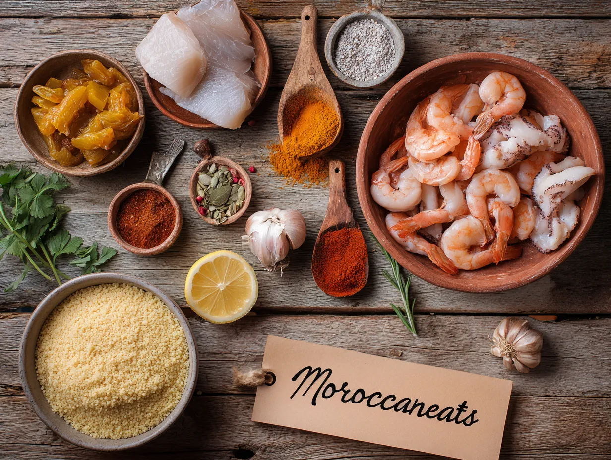 Moroccan Seafood Couscous with Chermoula: A Joyful Feast 5 Fresh ingredients for Moroccan seafood couscous with chermoula, displayed on a rustic counter with a watermark labeled "moroccaneats".