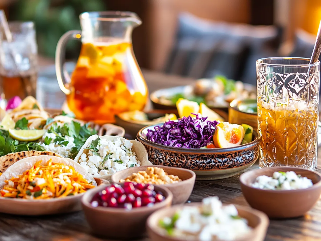 DIY Moroccan taco night setup with assorted fillings, Chermoula slaw, garnishes, and mint tea, set on a candlelit dinner table with Moroccan decor.