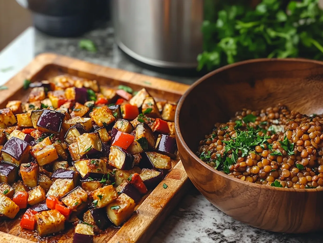 Moroccan Eggplant and Lentil Salad Recipe Delight 4 Step-by-step preparation of Moroccan eggplant and lentil salad showing roasted eggplant, cooked lentils, and a cumin-lemon dressing being mixed in a wooden bowl