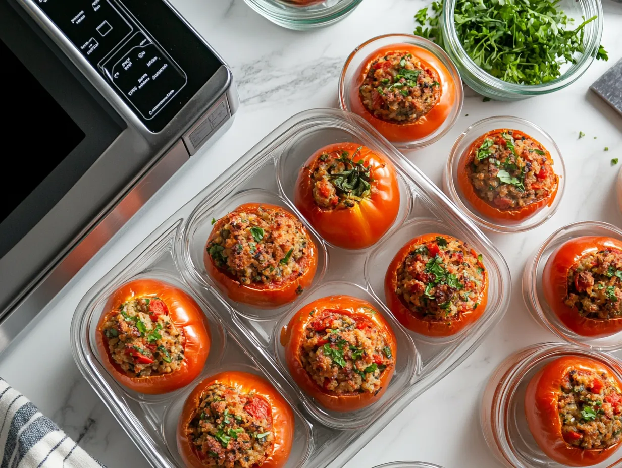 Moroccan Stuffed Tomatoes with Irresistible Couscous 6 Moroccan stuffed tomatoes packed in airtight containers, ready for refrigeration or reheating, with kitchen tools and labeling visible.