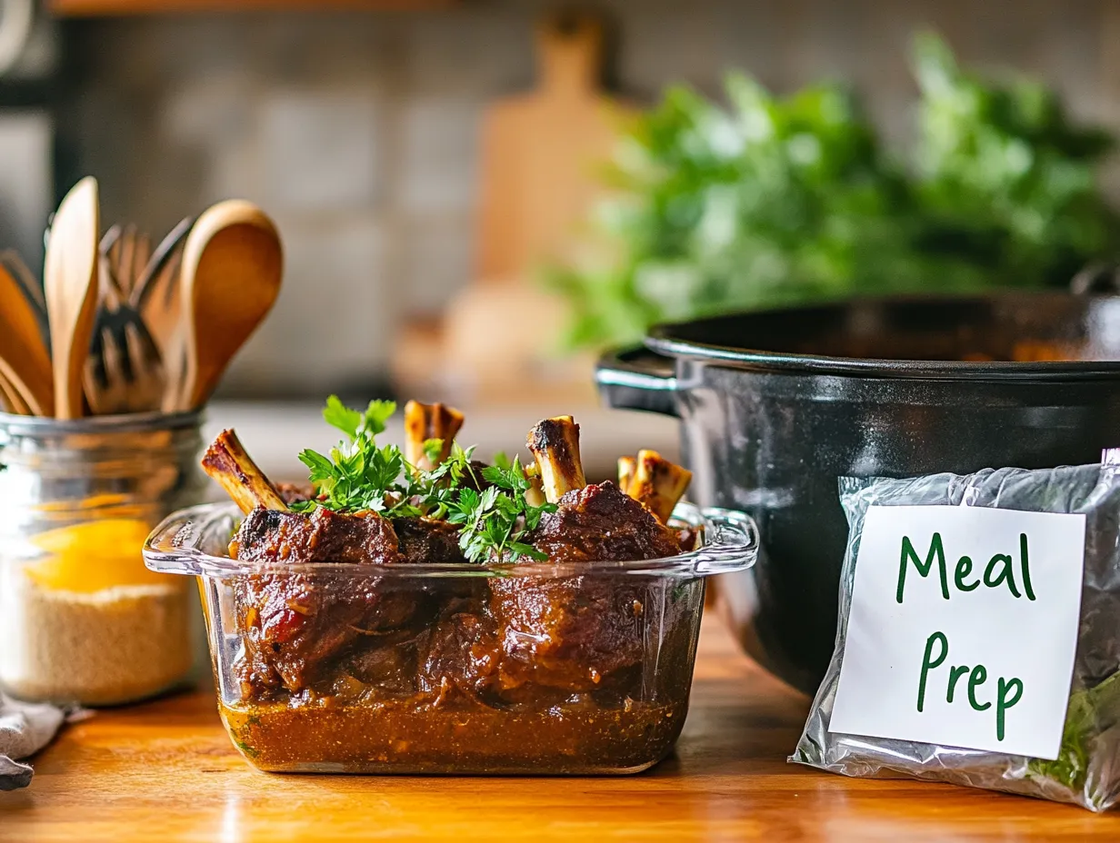 Moroccan Saffron Lamb Shanks Recipe: Irresistibly Tender 6 Prepared Moroccan saffron lamb shanks stored in a glass container for leftovers, with herbs and broth in a cozy kitchen scene.