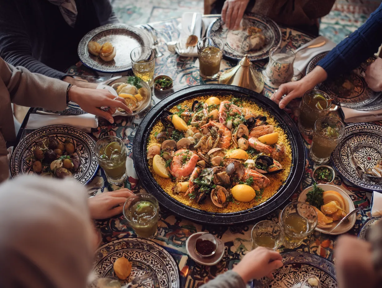 Moroccan Seafood Couscous with Chermoula: A Joyful Feast 7 A family-style Moroccan dining scene featuring a large round platter of seafood couscous in the center, surrounded by smiling people sharing the meal. Include intricate Moroccan tableware, fresh herbs, preserved lemons, and glasses of mint tea. Use soft, warm lighting and a watermark labeled "moroccaneats" in the bottom corner.