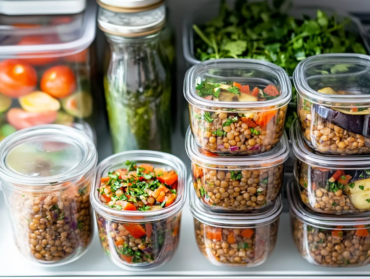 Moroccan Eggplant and Lentil Salad Recipe Delight 6 Glass containers filled with Moroccan eggplant and lentil salad arranged in a refrigerator for weekly meal prep with jars of dressing and fresh herbs nearby