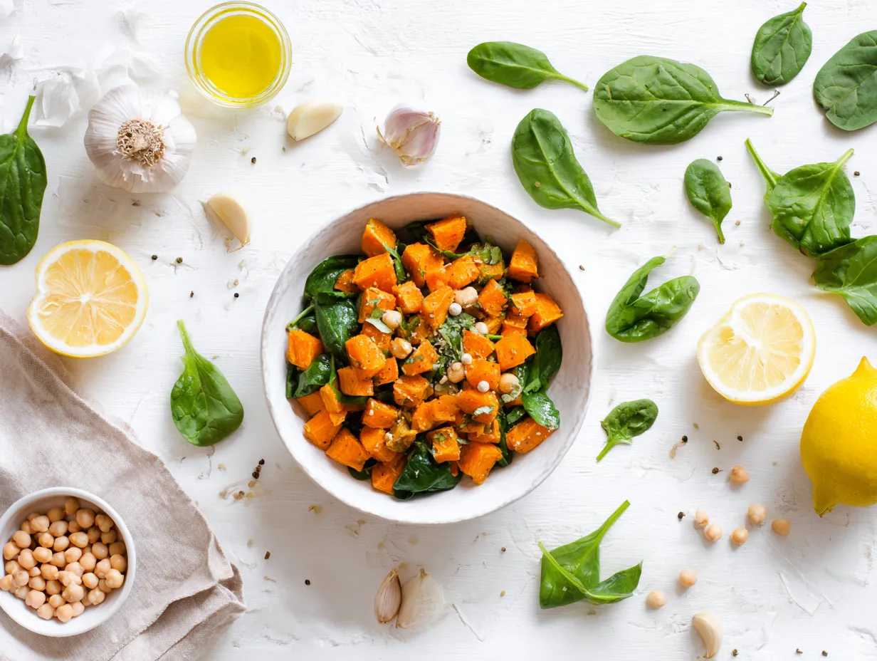 Moroccan Roasted Sweet Potato Salad with Harissa Dressing Irresistible Delight 6 Nutritious Moroccan roasted sweet potato salad with chickpeas, greens, and harissa dressing, surrounded by whole-food ingredients on a white table.