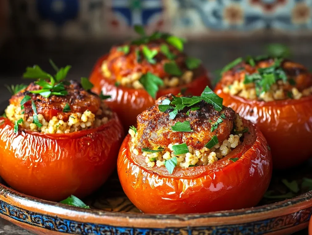 Moroccan Stuffed Tomatoes with Irresistible Couscous 2 Moroccan stuffed tomatoes with couscous on a traditional plate, garnished with herbs and spices, evoking North African flavors.