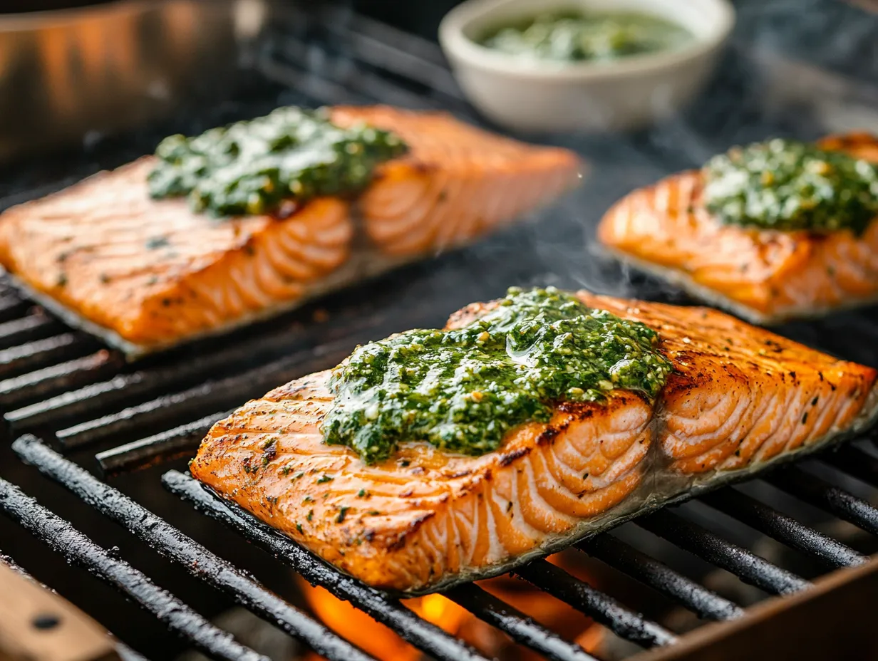 Chermoula Grilled Salmon That Feels Like a Win 8 u1416823846 A medium shot of a grill with salmon fillets cook 33b1a21f e6c2 4059 8c3d a1fa9abe8845 2 www.moroccaneats.com