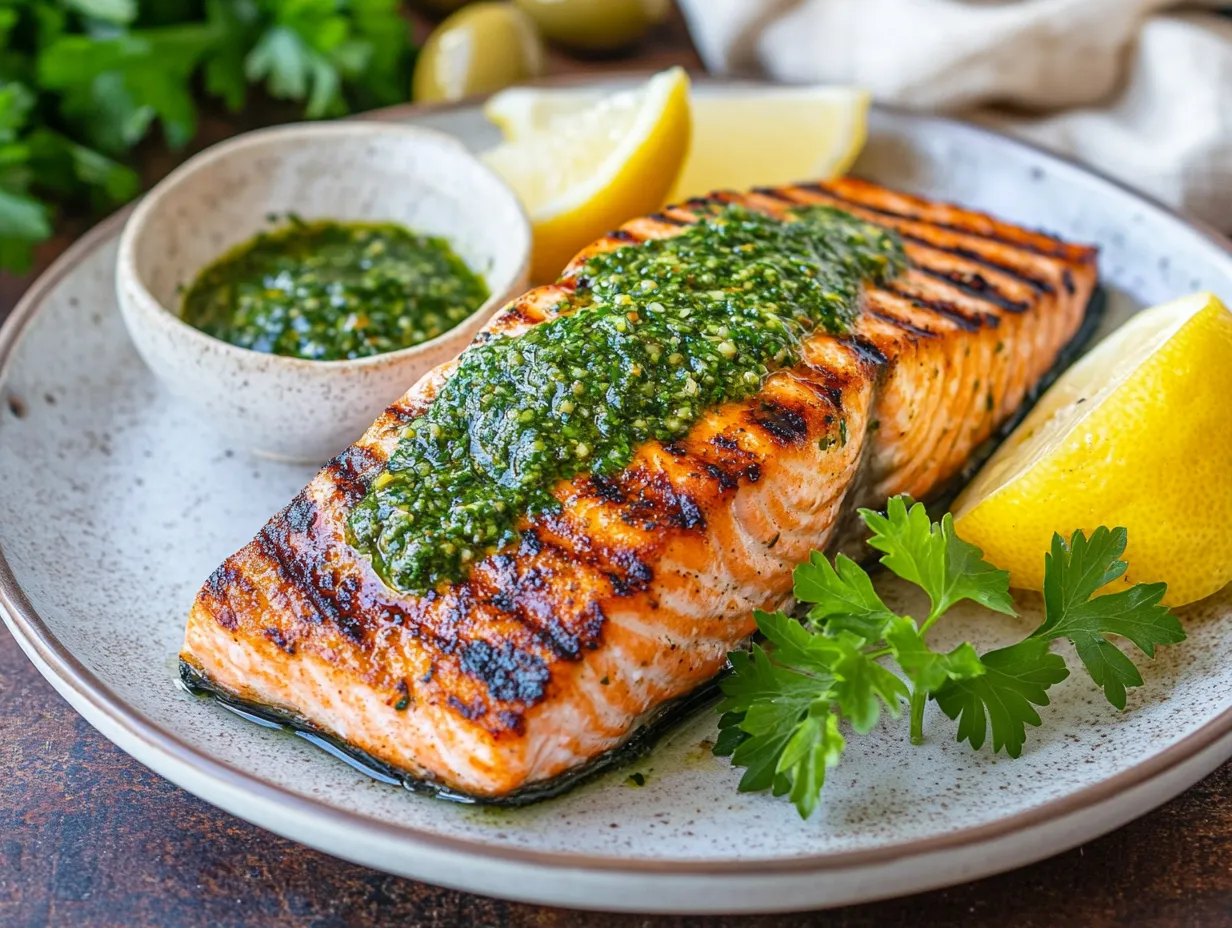 Chermoula Grilled Salmon That Feels Like a Win 3 Grilled salmon fillet topped with Moroccan chermoula sauce, served with lemon and herbs on a rustic plate