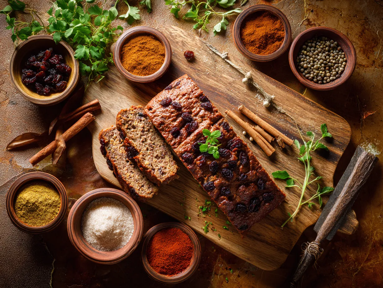 Moroccan Meatloaf with Spices and Raisins – Bold & Comforting 2 Moroccan-style meatloaf with raisins and spices, sliced and served on a rustic board, surrounded by traditional Moroccan seasonings.