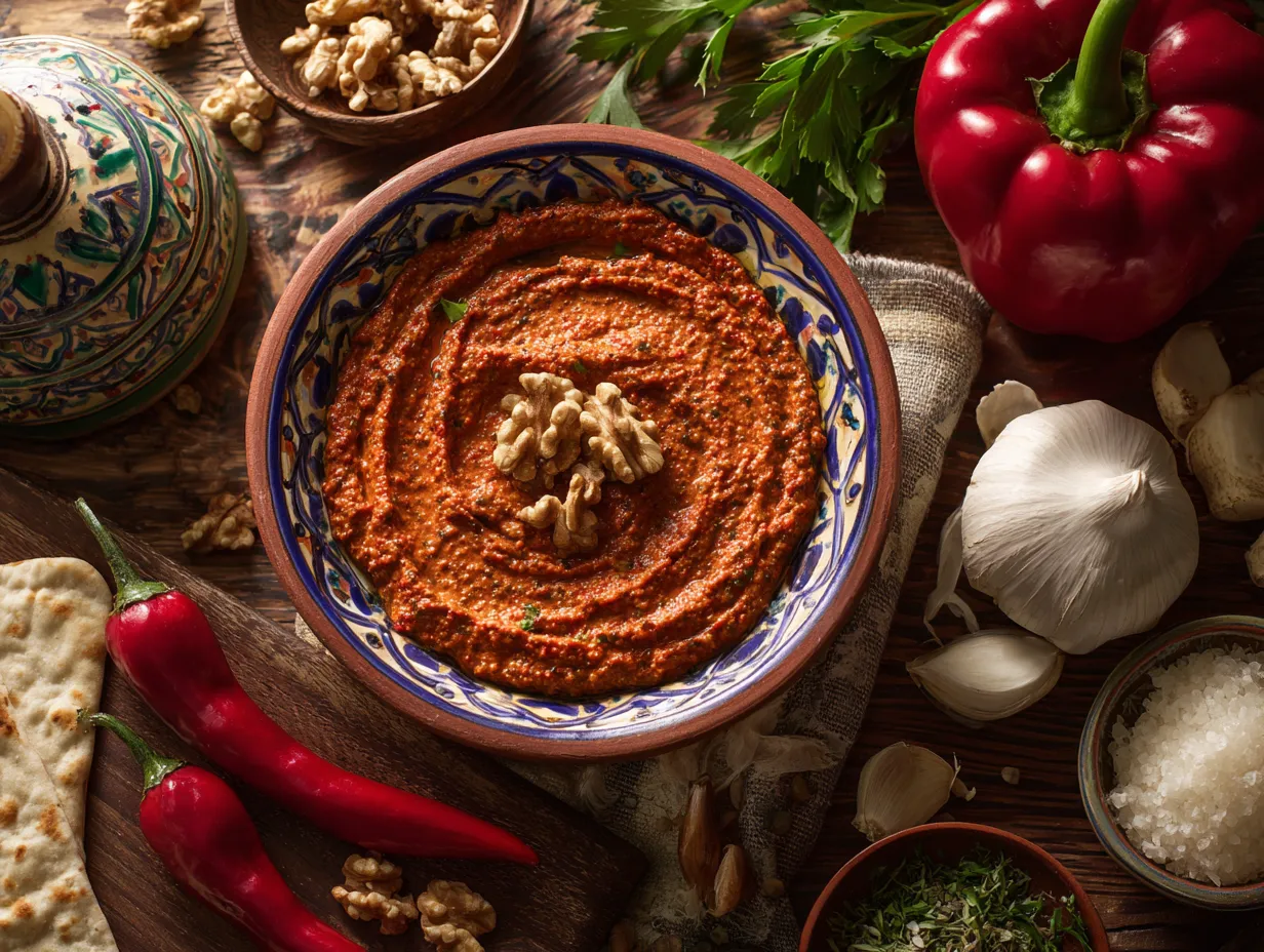 Bold & Flavorful Moroccan Red Pepper And Walnut Dip Delight 2 Rustic Moroccan spread with roasted red peppers and walnuts on a handcrafted plate, surrounded by traditional ingredients and spices.