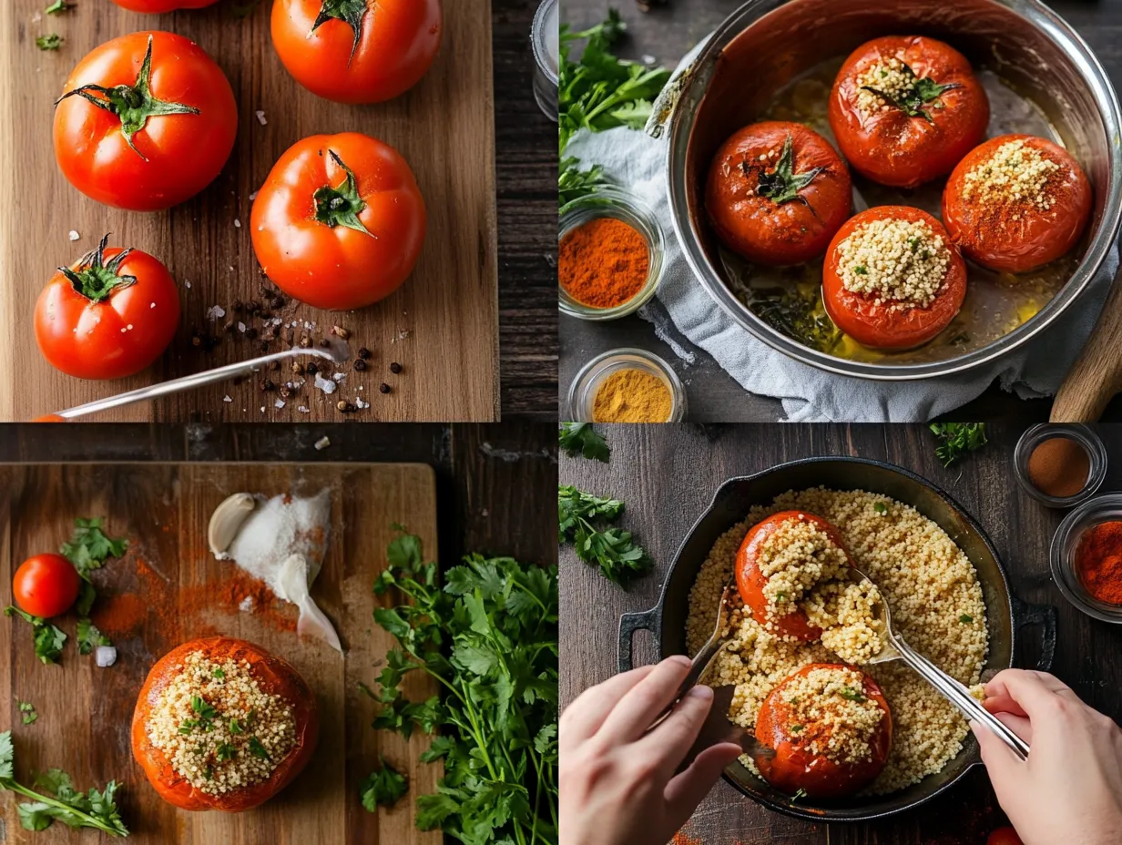 Moroccan Stuffed Tomatoes with Irresistible Couscous 4 Step-by-step preparation of Moroccan stuffed tomatoes with couscous, from raw ingredients to final baked presentation.