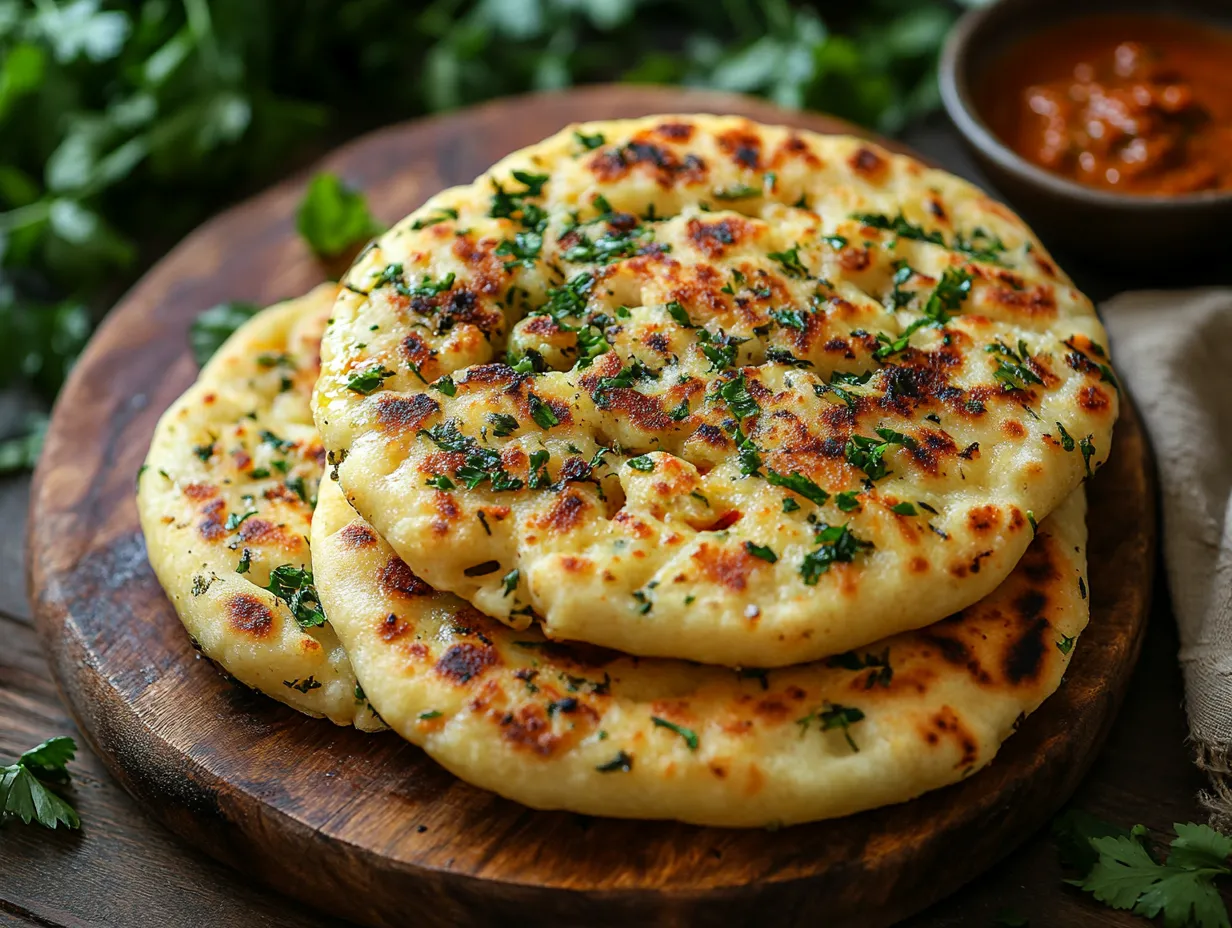 “Golden Moroccan herb-stuffed flatbreads stacked on a wooden platter, surrounded by fresh herbs and harissa, with Moroccan tea in the background.”
