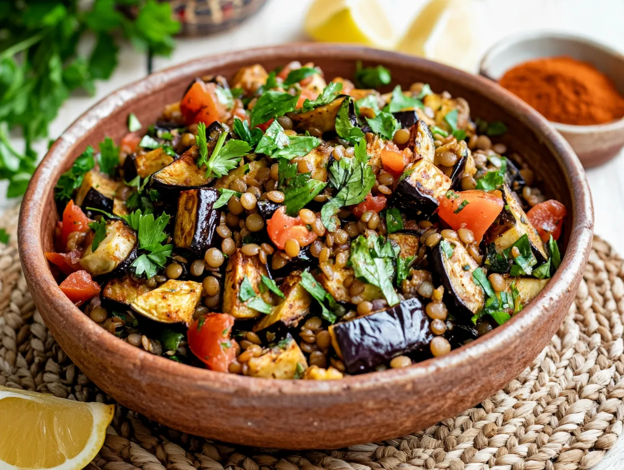 Moroccan Eggplant and Lentil Salad Recipe Delight 2 Moroccan eggplant and lentil salad in a rustic bowl with fresh herbs, lemon wedges, and warm spices on a woven placemat