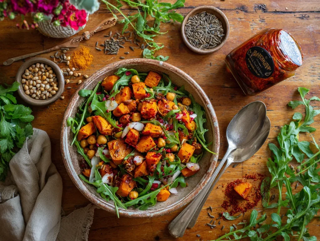 Moroccan Roasted Sweet Potato Salad with Harissa Dressing Irresistible Delight 2 u1416823846 A vibrant Moroccan roasted sweet potato salad ser 9087141f 6687 45df a60d 756c68969f44 2 www.moroccaneats.com