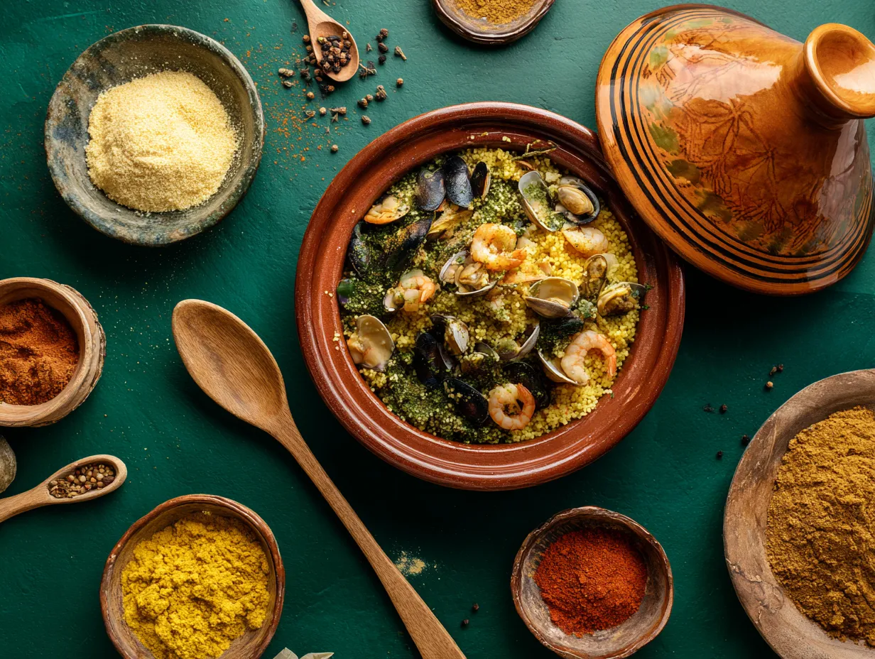 Moroccan Seafood Couscous with Chermoula: A Joyful Feast 6 Moroccan seafood couscous with chermoula in a tagine, surrounded by fresh herbs and spices, with watermark "moroccaneats".