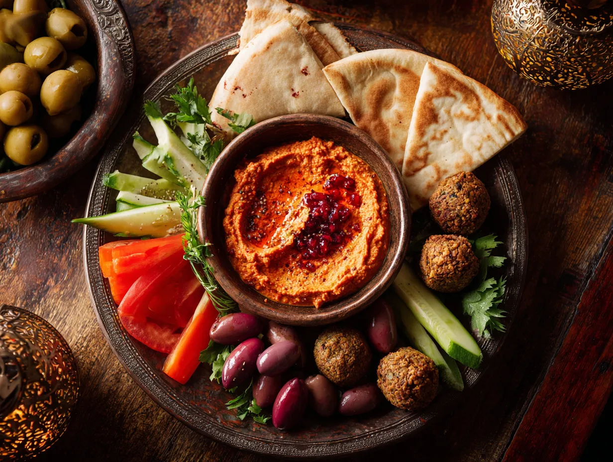 Bold & Flavorful Moroccan Red Pepper And Walnut Dip Delight 5 A vibrant mezze platter with Moroccan red pepper and walnut spread at the center, surrounded by pita bread, olives, hummus, falafel, and sliced vegetables. Warm lighting, rustic table, top-down angle with Mediterranean decor.