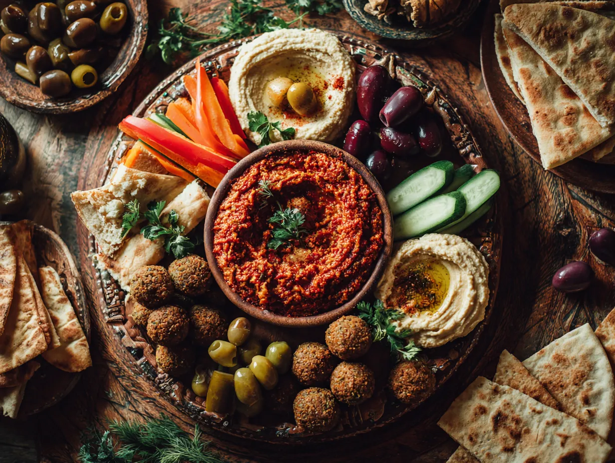 u1416823846 A vibrant mezze platter with Moroccan red pepper 3d6ddcf5 9abd 4d0b 9469 ae09727d181e 3 www.moroccaneats.com