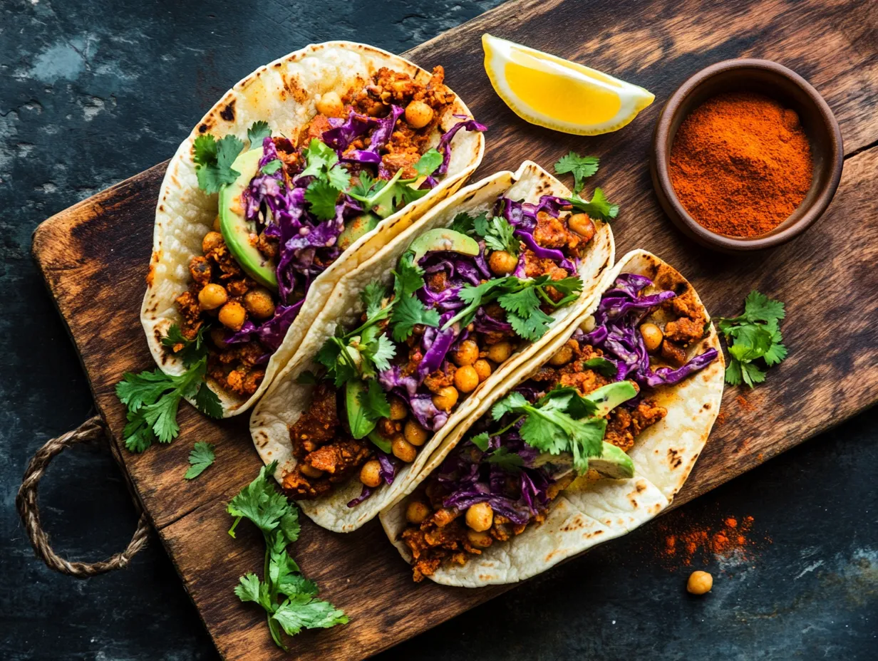 Moroccan-spiced tacos with Chermoula slaw on a wooden board, topped with fresh herbs and lemon, showcasing vibrant North African fusion flavors.