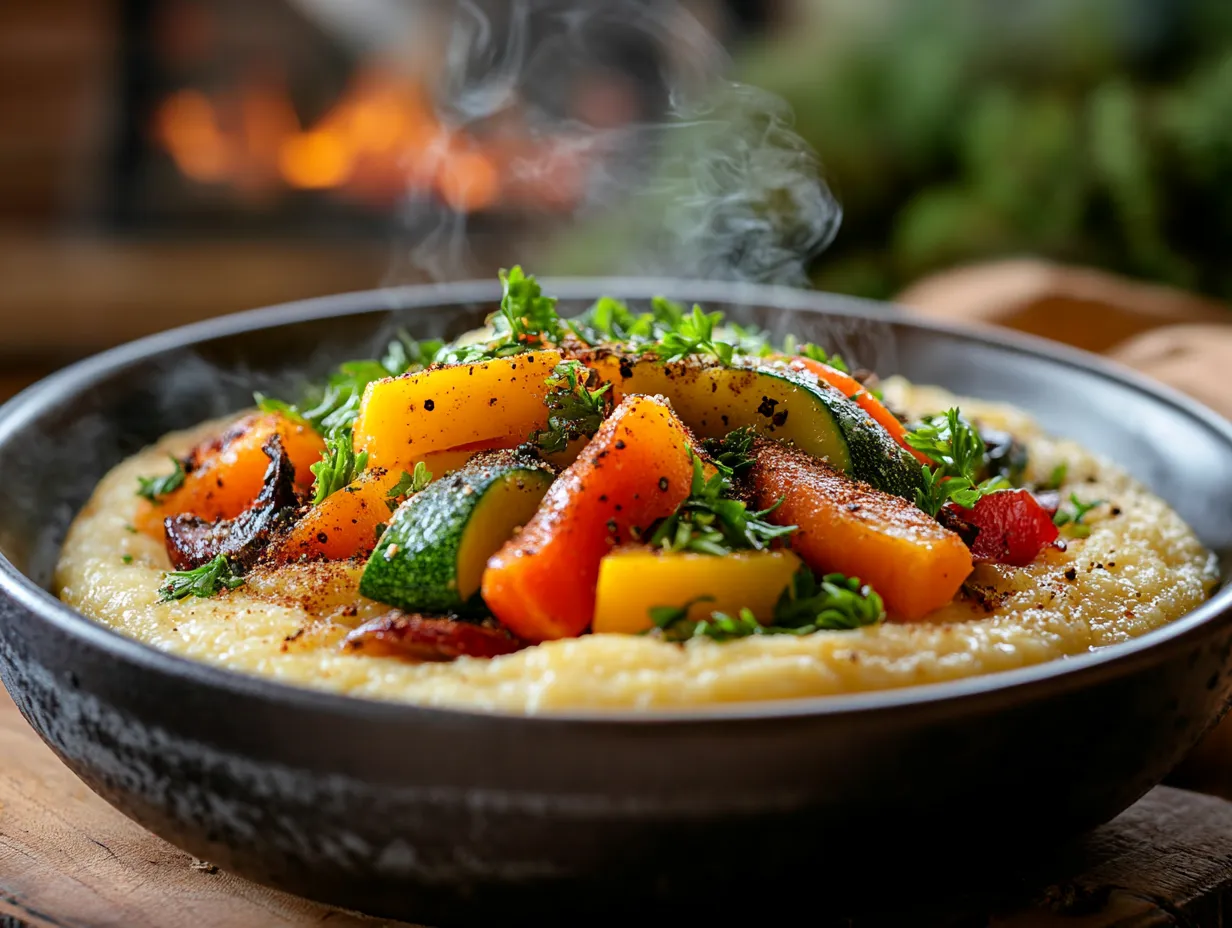 A warm, cozy kitchen scene with a steaming bowl of Moroccan spiced polenta topped with colorful sautéed vegetables, rustic background, natural lighting.