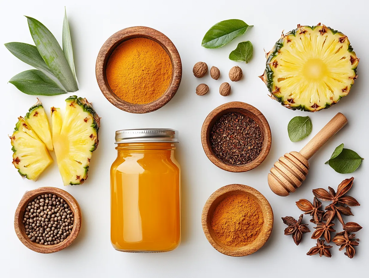 Honey & Ras el Hanout Grilled Pineapple Perfection 6 Visual of pineapple, honey, and Ras el Hanout spices with nutritional highlights, styled for a health and wellness focus.