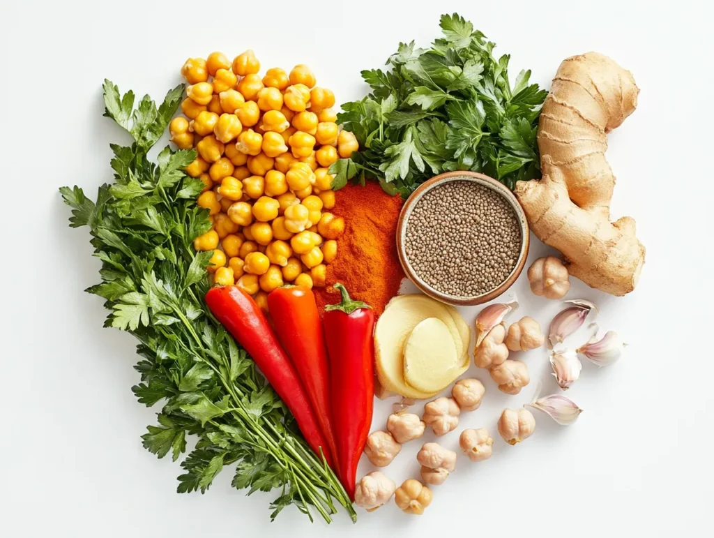 Moroccan Spiced Polenta with Vegetables Recipe That Warms the Soul 5 Bright, clean image of fresh vegetables, chickpeas, and spices arranged in a heart shape on a white background to symbolize health.