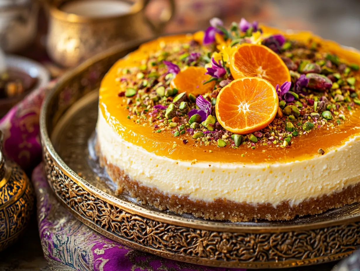 Perfectly decorated Moroccan orange blossom cheesecake with floral garnishes and pistachios, styled on a Moroccan tray with traditional teaware