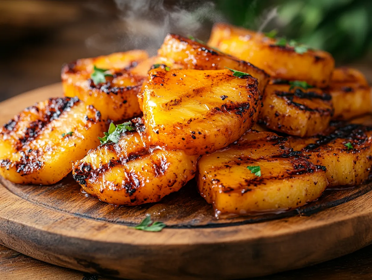 Honey & Ras el Hanout Grilled Pineapple Perfection 2 Caramelized grilled pineapple slices glazed with honey and Ras el Hanout on a rustic platter with Moroccan spice accents.