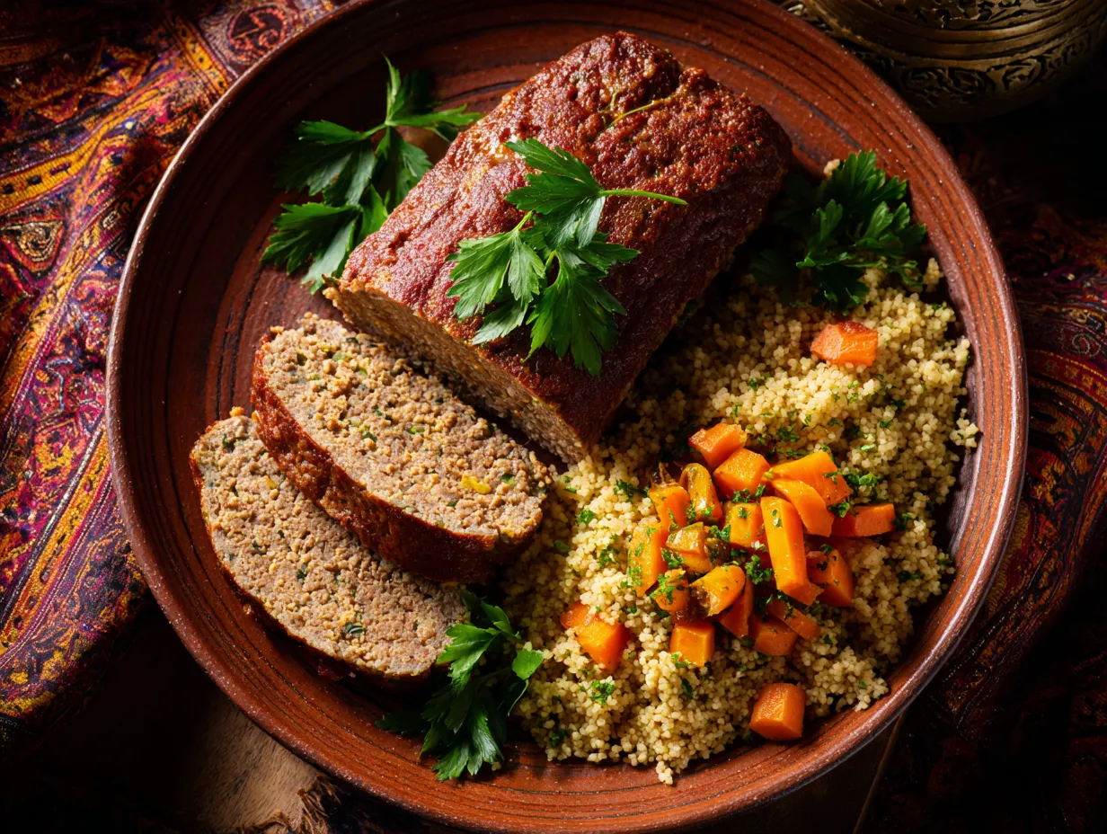 Moroccan Meatloaf with Spices and Raisins – Bold & Comforting 5 Sliced Moroccan meatloaf served with couscous and carrot salad on a rustic plate with parsley garnish.