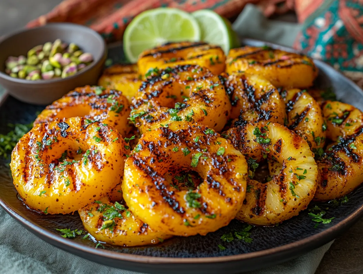Honey & Ras el Hanout Grilled Pineapple Perfection 4 Grilled pineapple rings sizzling with a honey and Ras el Hanout glaze, showing golden char marks and bubbling caramelization.