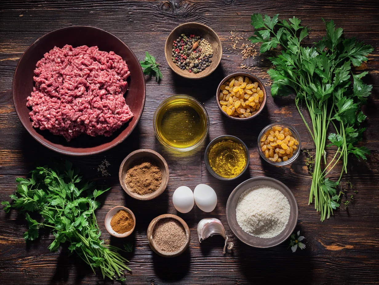Moroccan Meatloaf with Spices and Raisins – Bold & Comforting 3 Flat lay of Moroccan meatloaf ingredients including ground beef, raisins, and traditional Moroccan spices.