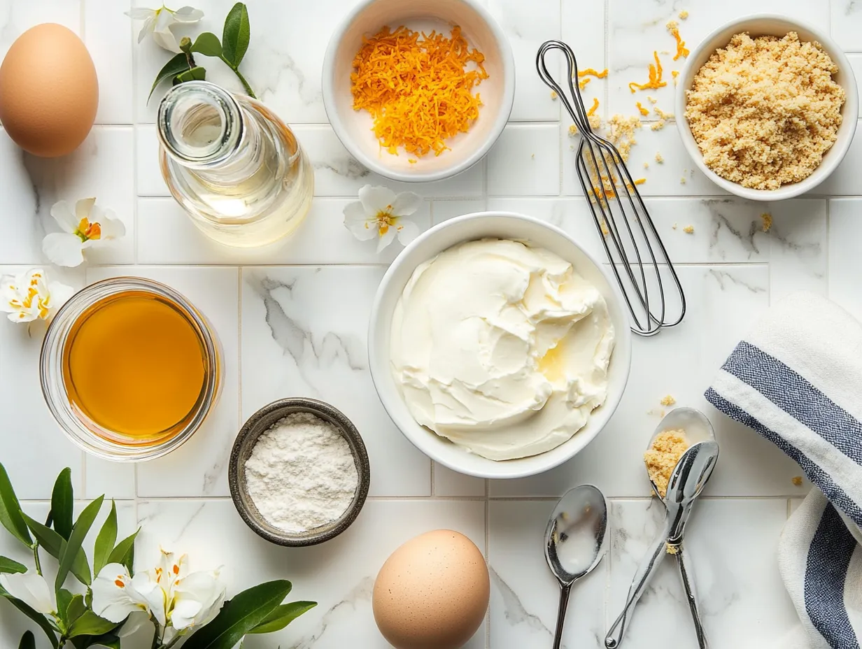 Moroccan Orange Blossom Cheesecake Recipe: So Heavenly 3 Top view of ingredients for Moroccan orange blossom cheesecake, including orange blossom water, cream cheese, and fresh citrus zest on a Moroccan tile surface