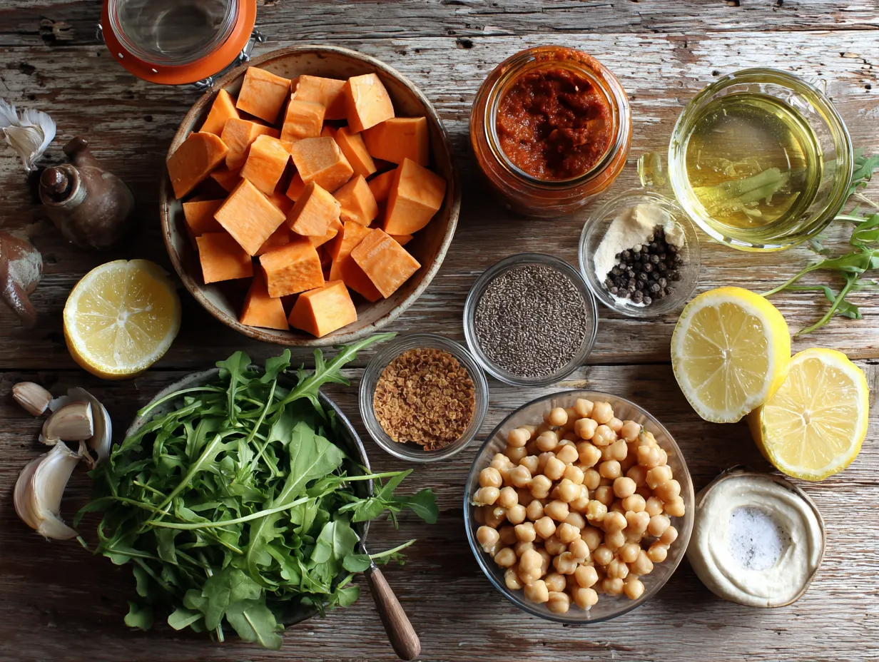 Moroccan Roasted Sweet Potato Salad with Harissa Dressing Irresistible Delight 3 Ingredients for Moroccan Roasted Sweet Potato Salad displayed on a kitchen counter, including harissa, sweet potatoes, arugula, and spices.