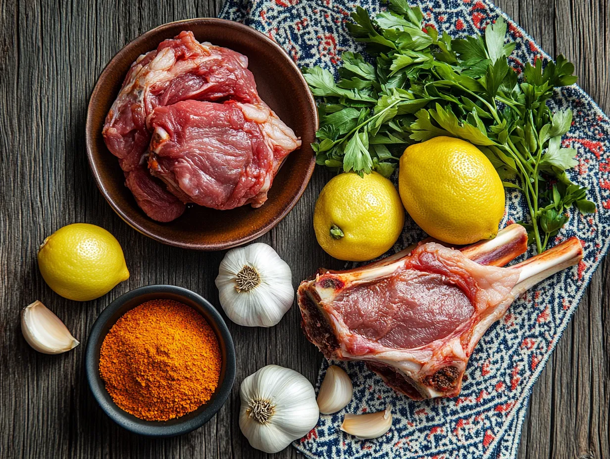 Moroccan Saffron Lamb Shanks Recipe: Irresistibly Tender 3 Ingredients for Moroccan saffron lamb shanks including spices, lamb, saffron, and preserved lemon on a rustic table.