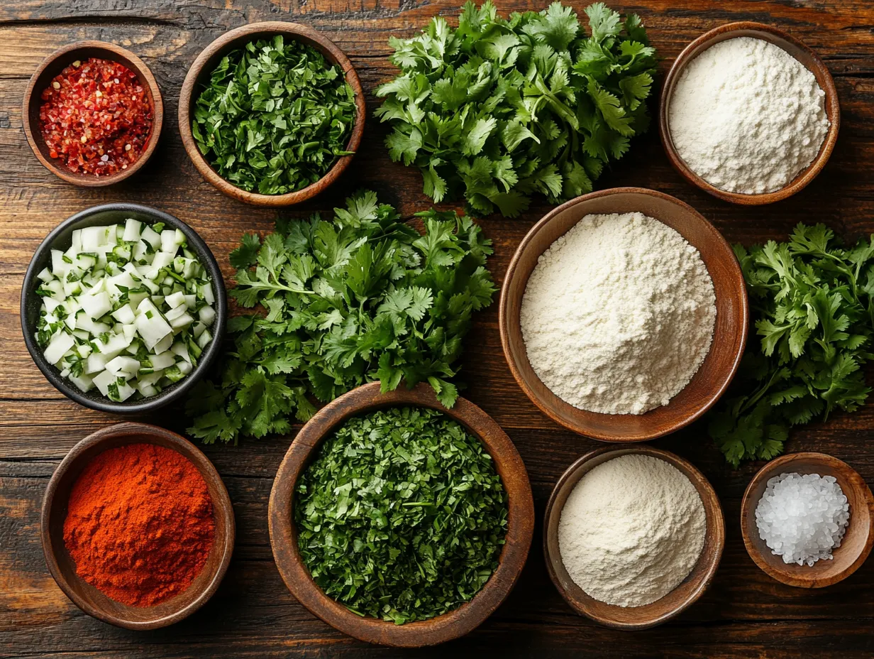 “Flat lay of fresh herbs, spices, semolina, and flour prepared for Moroccan herb-stuffed flatbread on a rustic wooden surface.”