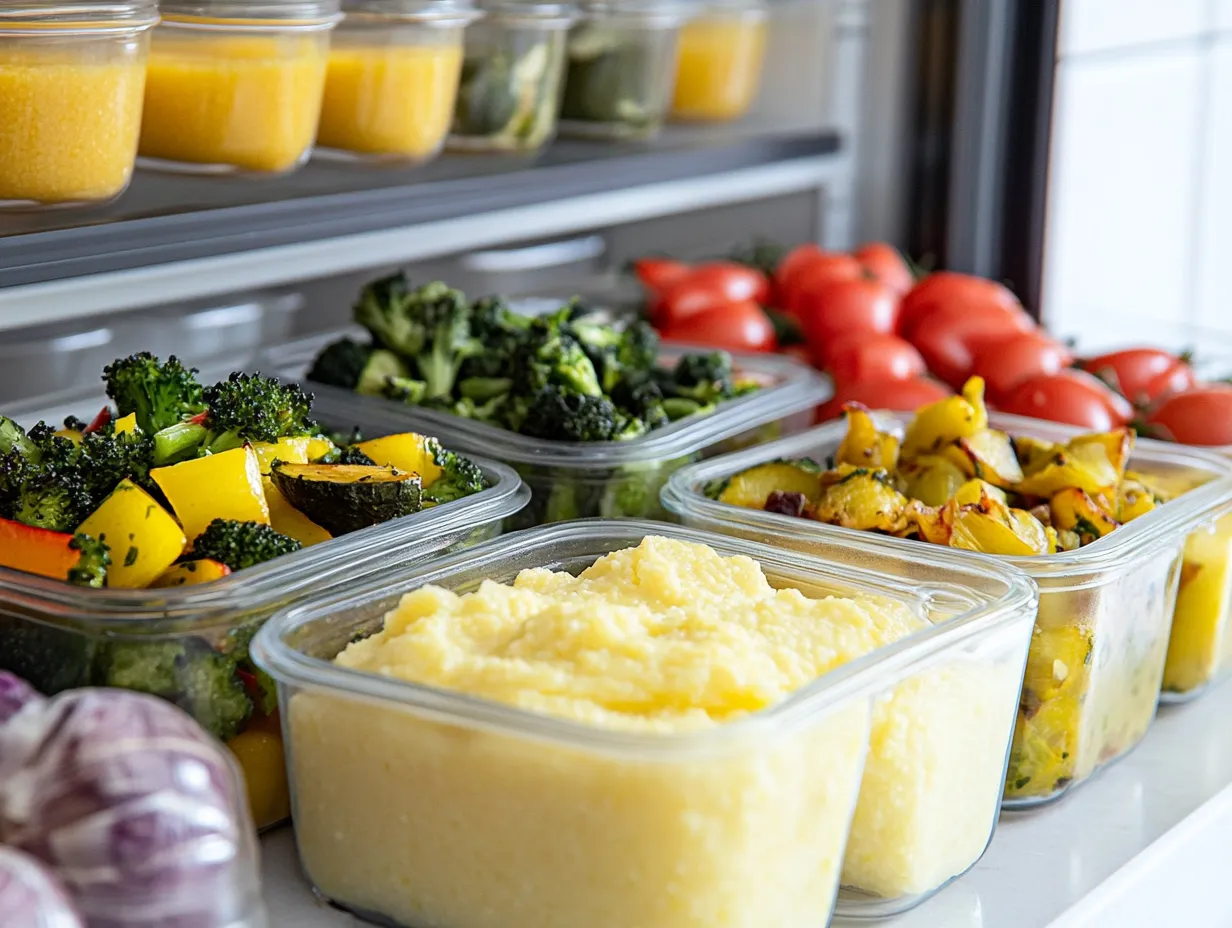 Moroccan Spiced Polenta with Vegetables Recipe That Warms the Soul 7 Labeled glass containers filled with polenta and sautéed vegetables in a fridge, organized meal prep style.