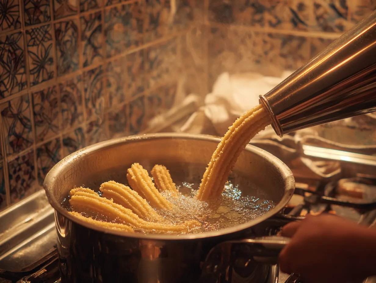 Moroccan Cinnamon Churros That Taste Like Magic 4 Fresh churro dough being piped into hot oil using a star nozzle, capturing the traditional Moroccan churro-making process.