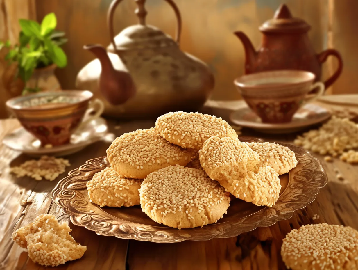 Moroccan Ghriba Sesame Cookies Recipe with a Magical Twist 3 Freshly baked Moroccan Ghriba sesame cookies on a rustic kitchen table with Moroccan mint tea in the background